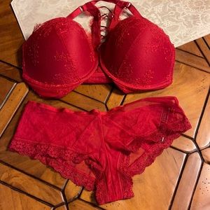 Red Victoria Secret medium panty and 34DD bra set